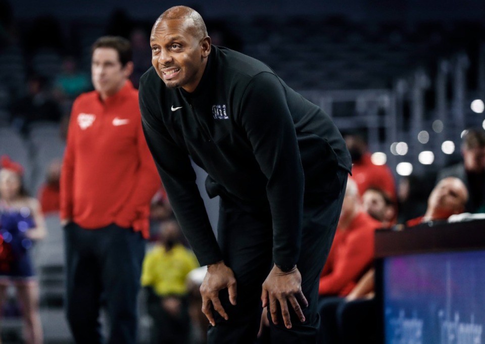 <strong>Tigers head coach Penny Hardaway watches his teams free throws on the sidelines during action against SMU on Saturday, March 12, 2022 in Fort Worth, Texas.</strong> (Mark Weber/The Daily Memphian)