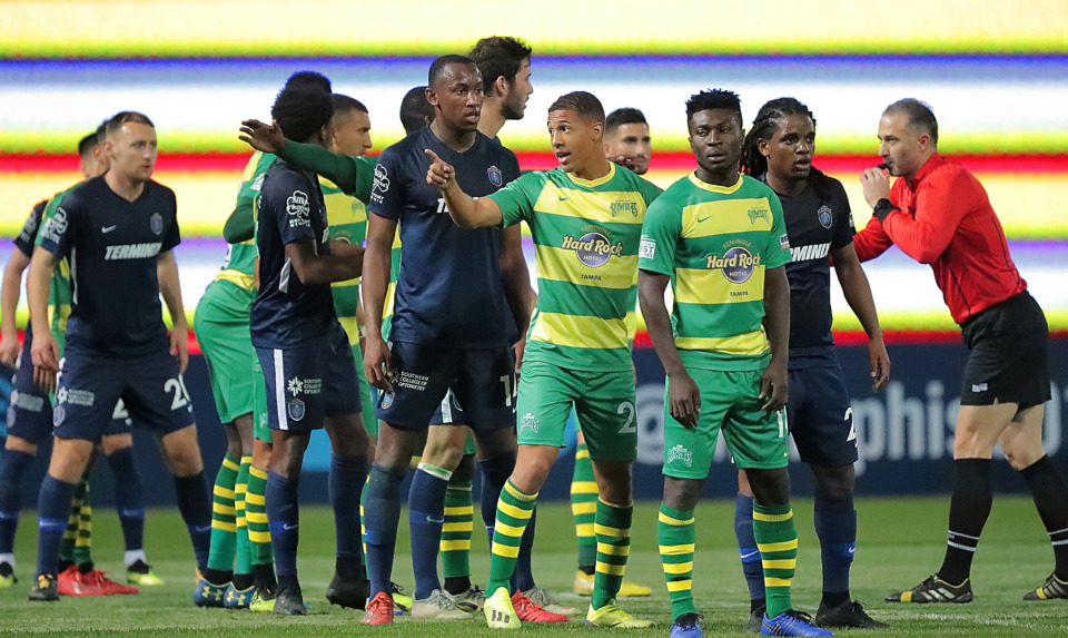 <strong>Players line up for a corner kick during the 901 FC season opener against the Tampa Rowdies at Autozone Park on March 9, 2019. The Rowdies beat Memphis 1-0 with a penalty kick early in the first half.</strong> (Jim Weber/Daily Memphian)