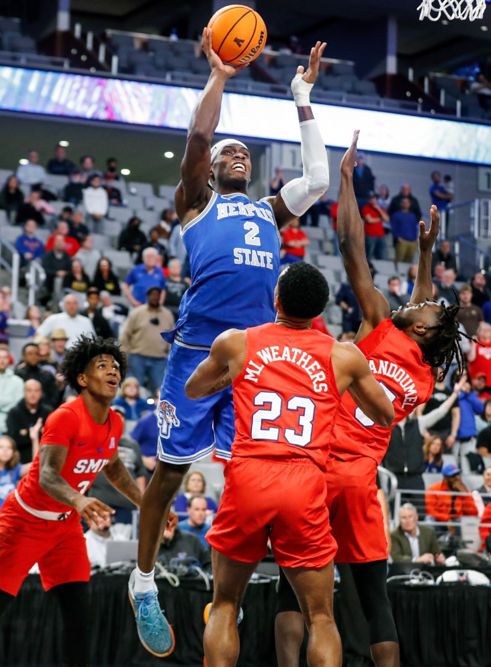 <strong>Tigers center Jalen Duren (middle) puts ups a shot against the SMU defense during action on Saturday, March 12, 2022 in Fort Worth, Texas.</strong> (Mark Weber/The Daily Memphian)