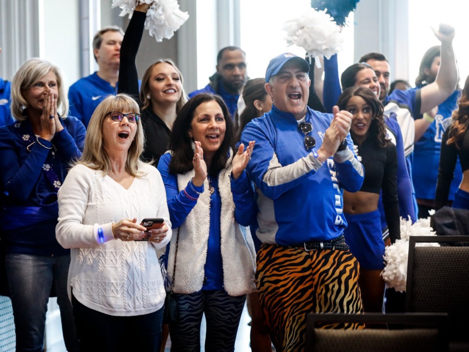<strong>Memphis fans celebrate while watching the NCAA tournament selection show, as the Tigers are selected as the ninth seed on Sunday, March 13, 2022 in Fort Worth, Texas.</strong> (Mark Weber/The Daily Memphian)