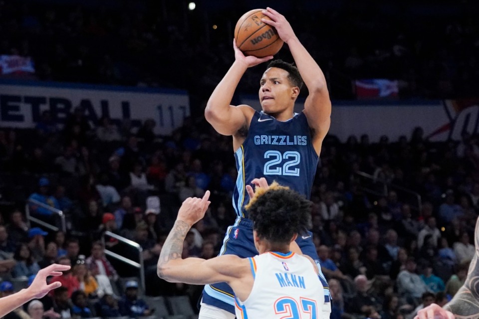 <strong>Memphis Grizzlies guard Desmond Bane (22) shoots in front of Oklahoma City Thunder forward Isaiah Roby, front, in the second half of an NBA basketball game Sunday, March 13, 2022, in Oklahoma City.</strong> (AP Photo/Sue Ogrocki)