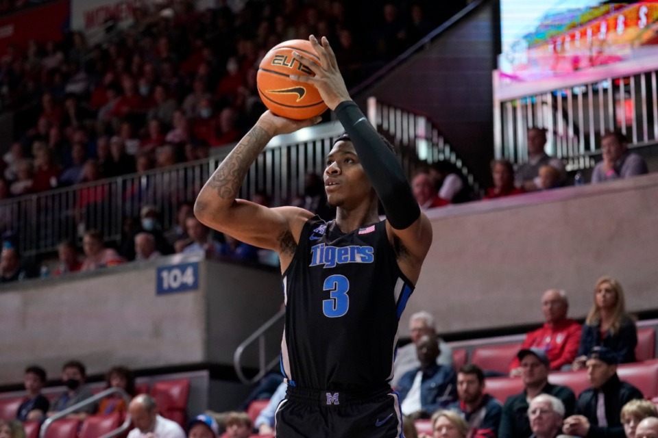 <strong>Memphis guard Landers Nolley II takes a shot during an NCAA college basketball game against SMU in Dallas, Sunday, Feb. 20, 2022.</strong> (AP Photo/Tony Gutierrez)