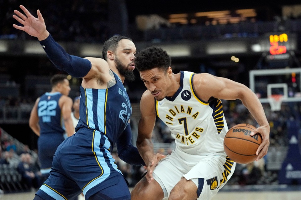 <strong>Memphis Grizzlies' Dillon Brooks (24) guards the Pacers&rsquo; Malcolm Brogdon (7) on Tuesday, March 15, in Indianapolis.</strong>&nbsp;<strong>The Grizzlies won, 135-102.</strong> (Darron Cummings/Associated Press)