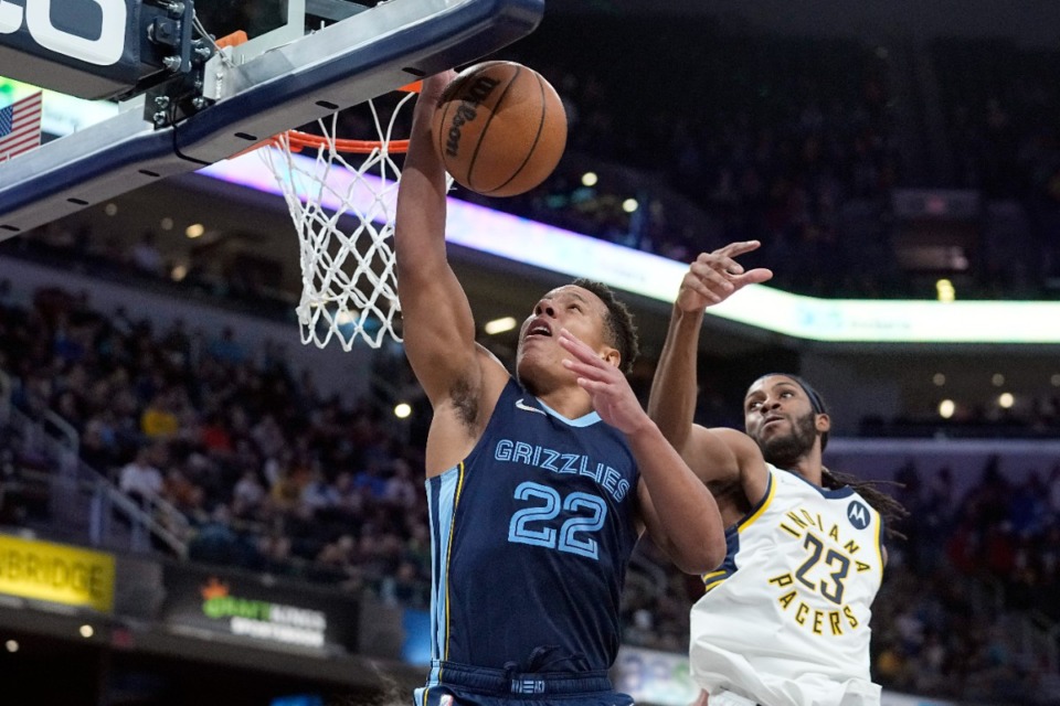 <strong>Memphis Grizzlies' Desmond Bane (22) shoots despite Indiana&rsquo;s Isaiah Jackson (23) on March 15, 2022, in Indianapolis.</strong> (Darron Cummings/AP)