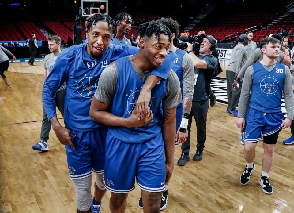 <strong>Memphis Tigers teammates DeAndre Williams (left) and Earl Timberlake finish practice on Wednesday, March 16, in Portland, Oregon. The Tigers face No. 8 seed Boise State in the West Region NCAA Tournament&rsquo;s first-round game Thursday.</strong> (Mark Weber/The Daily Memphian)