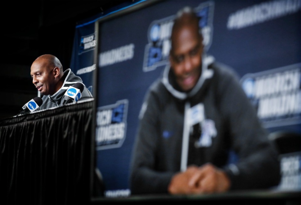 <strong>Tigers head coach Penny Hardaway speaks to the media on Wednesday, March 16, during practice day of the NCAA Tournament in Portland, Oregon.</strong> (Mark Weber/The Daily Memphian)
