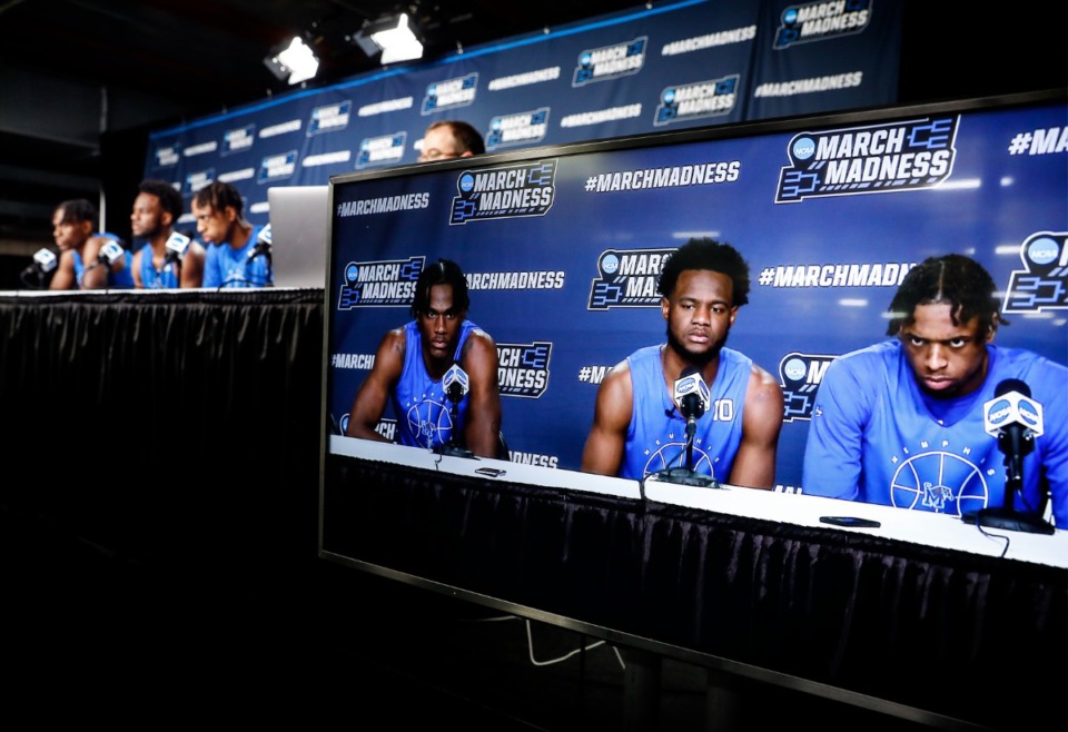 <strong>Tigers players (from left) Jalen Duren, Alex Lomax and DeAndre Williams speak to the media on Wednesday, March 16, during practice day of the NCAA Tournament in Portland, Oregon.</strong> (Mark Weber/The Daily Memphian)
