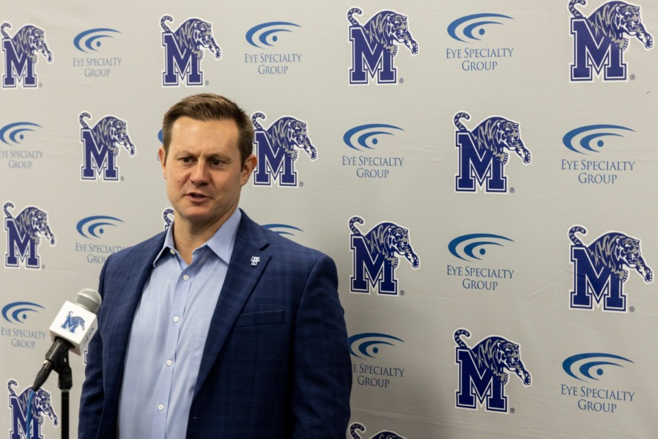<strong>Ryan Silverfield, head football coach of the University of Memphis football team, speaks during a press conference following a luncheon at the Billy J. Murphy Athletic Complex.</strong> (Brad Vest/The Daily Memphian)