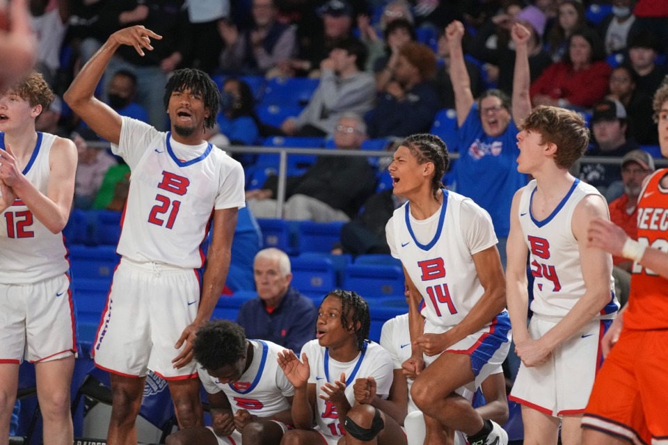 <strong>The Bartlett High bench reacts to a three-pointer during the TSSAA state quarterfinals game against Hendersonville Beech on Wednesday, March 16, in Murfreesboro. Bartlett won, 64-59.</strong> (Harrison McClary/Special to the Daily Memphian)