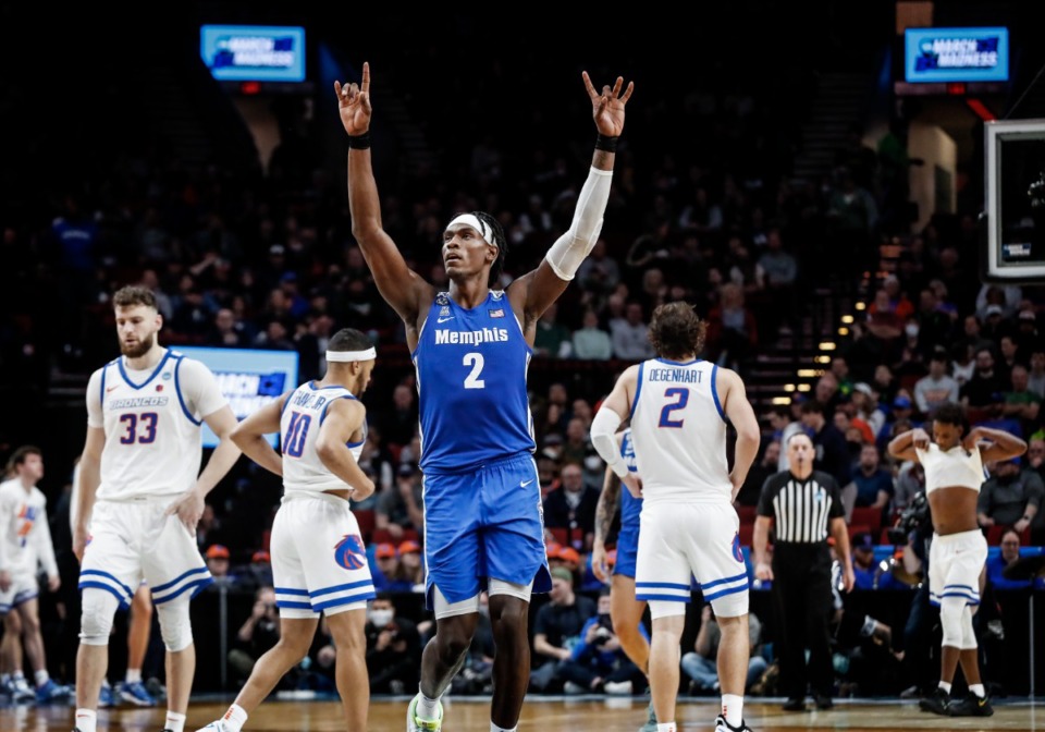 <strong>Tigers center Jalen Duren celebrates after defeating Boise State 64-53 on Thursday, March 17, 2022 at the NCAA second round in Portland, Oregon.</strong> (Mark Weber/The Daily Memphian)
