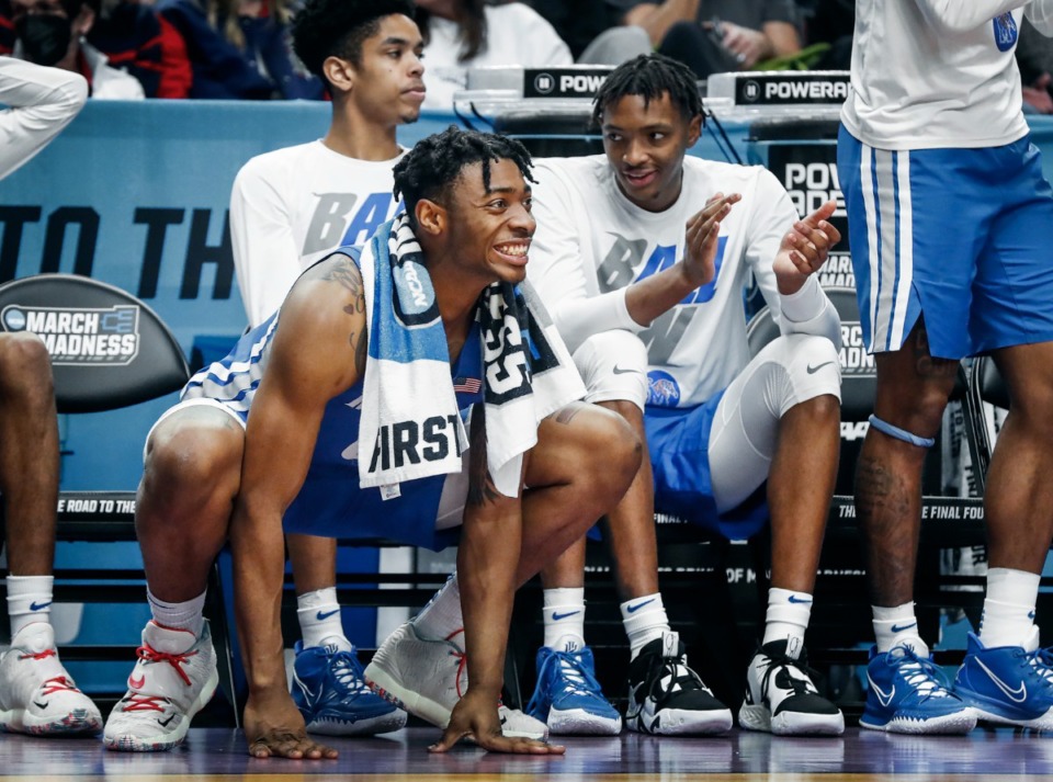 <strong>The Memphis Tigers bench keeps up the cheers in the game against Boise State on Thursday, March 17, 2022, in Portland, Oregon.</strong> (Mark Weber/The Daily Memphian)