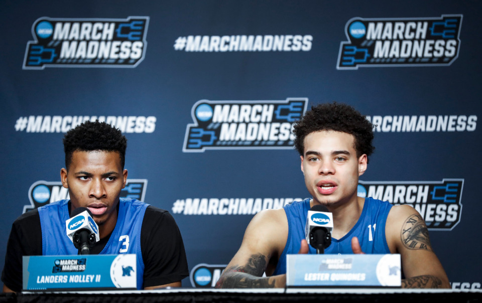 <strong>Memphis Tigers teammates Landers Nolley II (left) and Lester Quinones (right) speak to the media on Friday, March 18, 2022, in Portland, Oregon.</strong> (Mark Weber/The Daily Memphian)