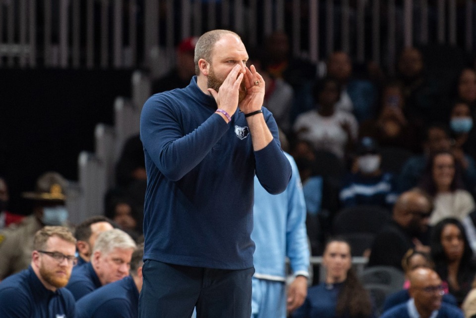 <strong>Memphis Grizzlies coach Taylor Jenkins yells during the game against the Atlanta Hawks on Friday, March 18, 2022, in Atlanta.</strong> (Hakim Wright Sr./AP)
