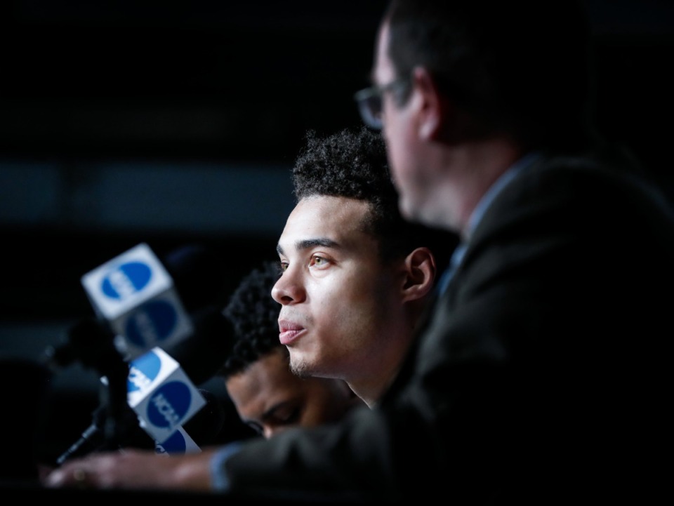 <strong>Tigers guard Lester Quinones speaks to the media on Friday, March 18, 2022, in Portland, Oregon.</strong> (Mark Weber/The Daily Memphian)