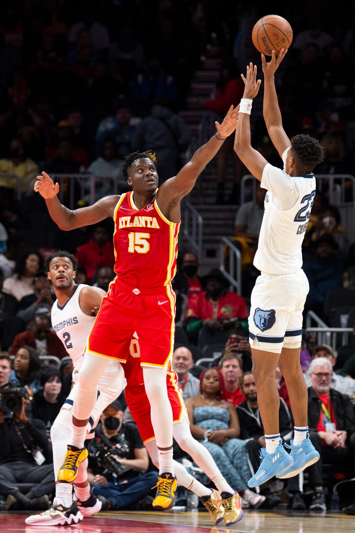 <strong>Memphis Grizzlies guard Jarrett Culver (23) shoots over Atlanta Hawks center Clint Capela (15)</strong>&nbsp;<strong>on March 18, 2022, in Atlanta.</strong> (Hakim Wright Sr./AP)