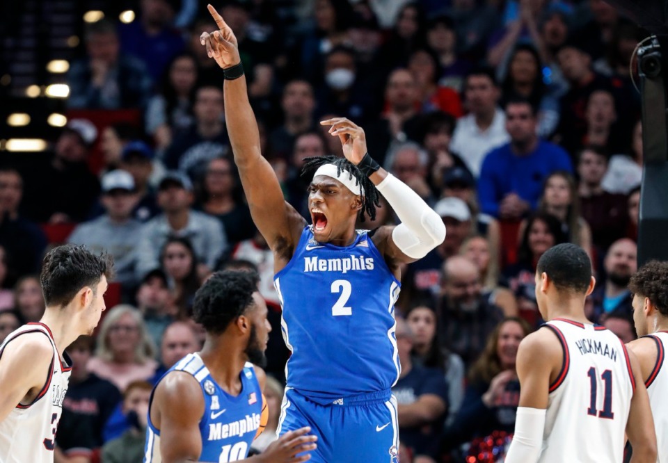 <strong>Tigers center Jalen Duren celebrates dunk against Gonzaga during action on Saturday, March 19, 2022 at the NCAA tournament game in Portland, Oregon.</strong> (Mark Weber/The Daily Memphian)