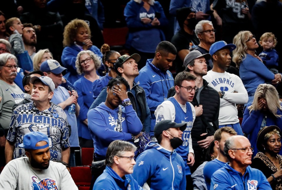 <strong>Tigers fans react in the final minutes of a loss to Gonzaga on Saturday, March 19, 2022 at the NCAA tournament in Portland, Oregon.</strong> (Mark Weber/The Daily Memphian)