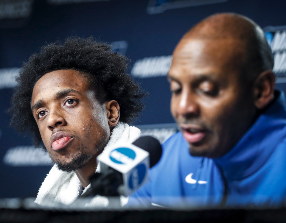 <strong>Tigers forward DeAndre Williams (left) stares off in the distance during a press conference after falling to Gonzaga on Saturday, March 19, 2022, at the NCAA tournament in Portland, Oregon.</strong> (Mark Weber/The Daily Memphian)