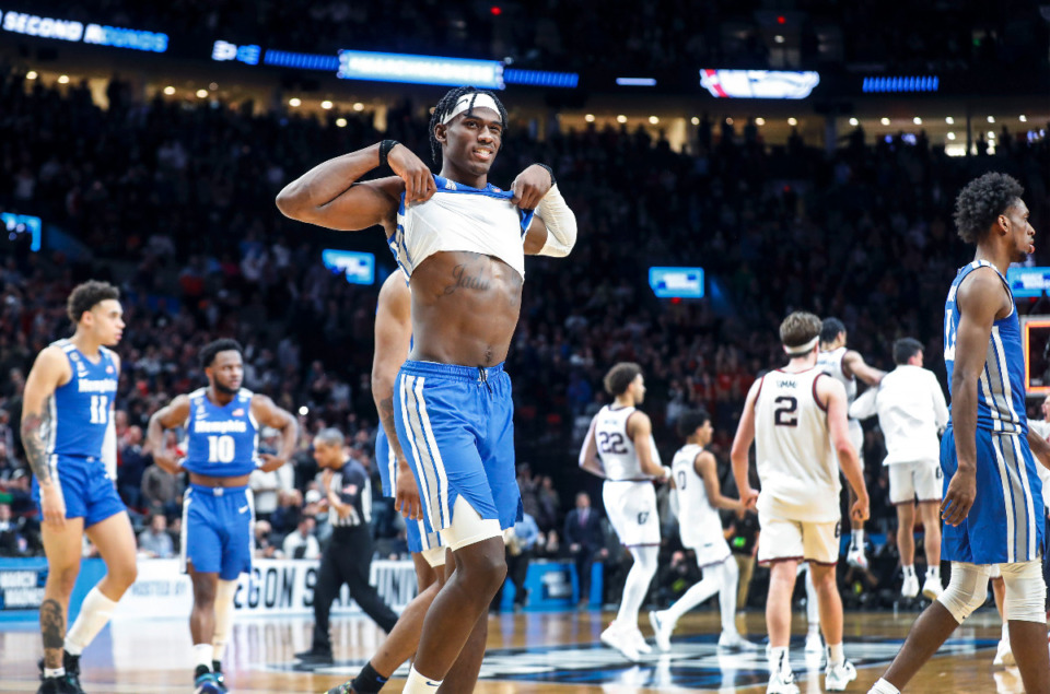 <strong>Tigers center Jalen Duren (middle) walks off the court after falling to Gonzaga during action on Saturday, March 19, 2022, at the NCAA tournament in Portland, Oregon.</strong> (Mark Weber/The Daily Memphian)