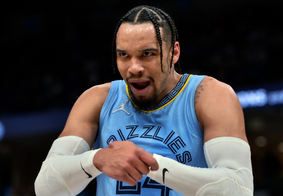 <strong>Memphis Grizzlies forward Dillon Brooks (24) reacts during the first half of the team's NBA basketball game against the Brooklyn Nets on Wednesday, March 23, 2022, at FedExForum.</strong> (Brandon Dill/AP)
