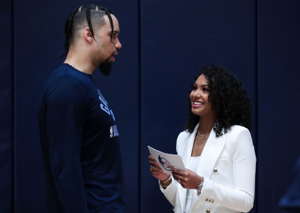 <strong>ESPN reporter Malika Andrews interviews Memphis Grizzlies guard Dillon Brooks during a practice at FedExForum. Wednesday evening after the Grizz defeated the Nets, Brooks told a reporter,&ldquo;We still got the grit, and we still got the grind, and we got a lot of swagger to us.&rdquo;</strong> (Patrick Lantrip/Daily Memphian)