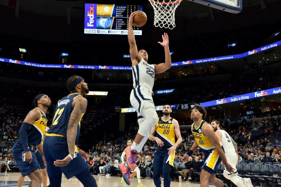 <strong>Memphis Grizzlies guard Desmond Bane (22) jumps to shoot against the Indiana Pacers on March 24, 2022, at FedExForum.</strong> (Brandon Dill/AP)