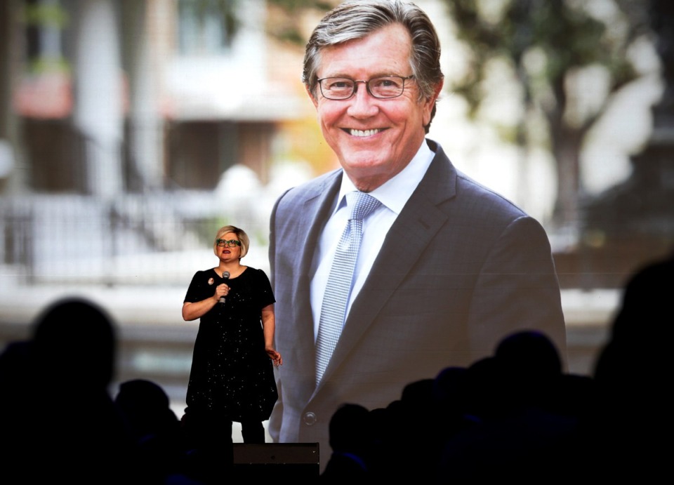 <strong>Amy Daniels,</strong> <strong>senior vice president investor relations at the Greater Memphis Chamber,&nbsp;honors former president and CEO of the chamber, Phil Trenary. Trenary was shot and killed in 2018&nbsp;near Central Train Station.</strong> (Houston Cofield/The Daily Memphian file)