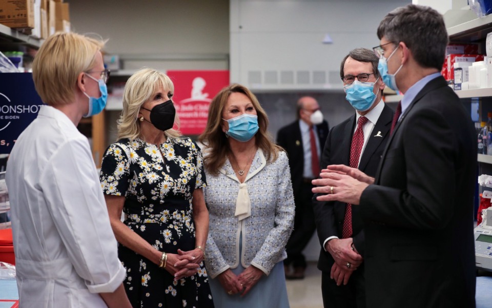 <strong>First Lady Jill Biden (second from left) talks Friday, March 25 to a team of doctors and administrators during a stop at St. Jude Children's Research Hospital.</strong> (Patrick Lantrip/Daily Memphian)
