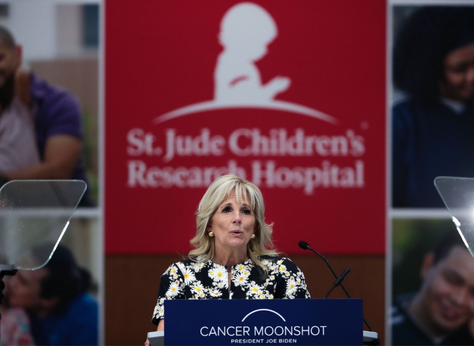 <strong>First Lady Jill Biden speaks during a stop Friday, March 25 at St. Jude Children's Research Hospital.</strong> (Patrick Lantrip/Daily Memphian)