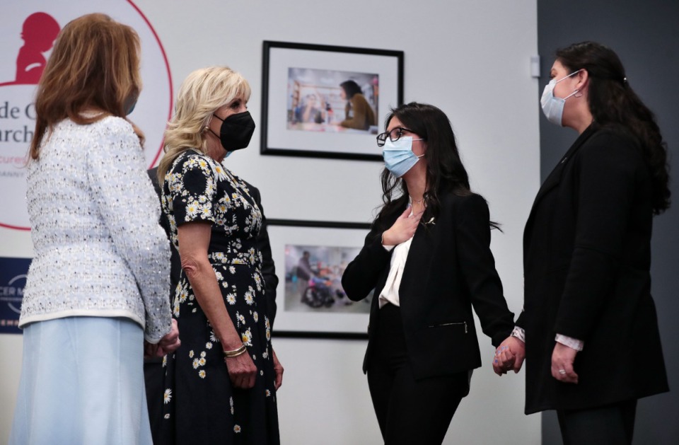 <strong>First Lady Jill Biden (second from left) and Marlo Thomas (far left) meet with former St. Jude patient Katherin Aristondo (second from right) and her mother, Amanda Aristondo.</strong> (Patrick Lantrip/Daily Memphian)