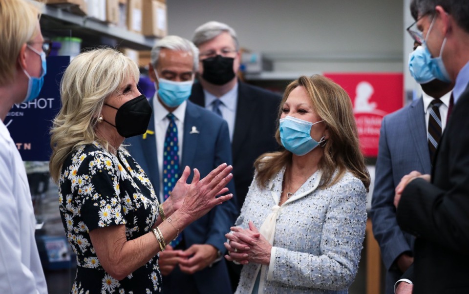 <strong>First Lady Jill Biden and Marlo Thomas talk to a group of doctors and local oofficials Friday at St. Jude Children's Research Hospital.</strong> (Patrick Lantrip/Daily Memphian)