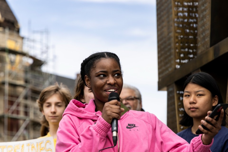 <strong>Central High student Makhia Smith, 17, speaks Saturday at I Am A Man Plaza. She and other teenagers protested a bill passed last week by the State Senate that could limit Tennessee cities&rsquo; control over some energy projects.</strong> (Brad Vest/Special to The Daily Memphian)