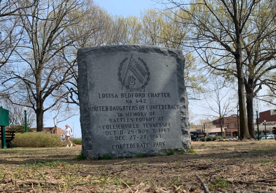 <strong>A monument erected by the United Daughters of the Confederacy marks the site of the 1863 Battle of Collierville in Collierville&rsquo;s Town Square Park.</strong> (Abigail Warren/The Daily Memphian file)