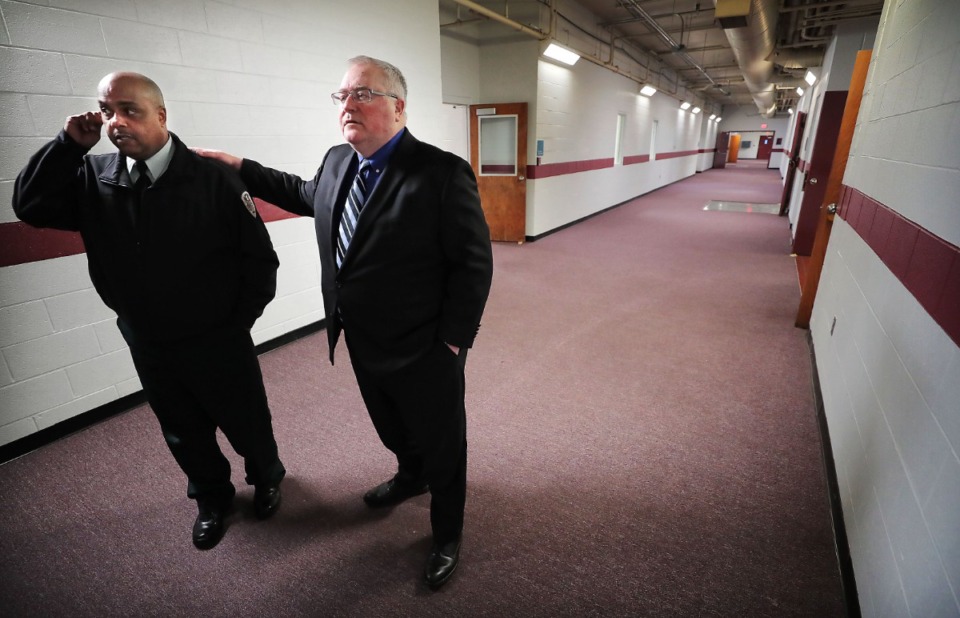 <strong>Shelby County Chief Jailer Kirk Fields (left) gives an overview of the present juvenile detention situation as Mark Billingsley (right) and fellow Shelby County Commissioners tour the former Shelby Training Center on Feb. 12, 2020.</strong> (Jim Weber/Daily Memphian file)