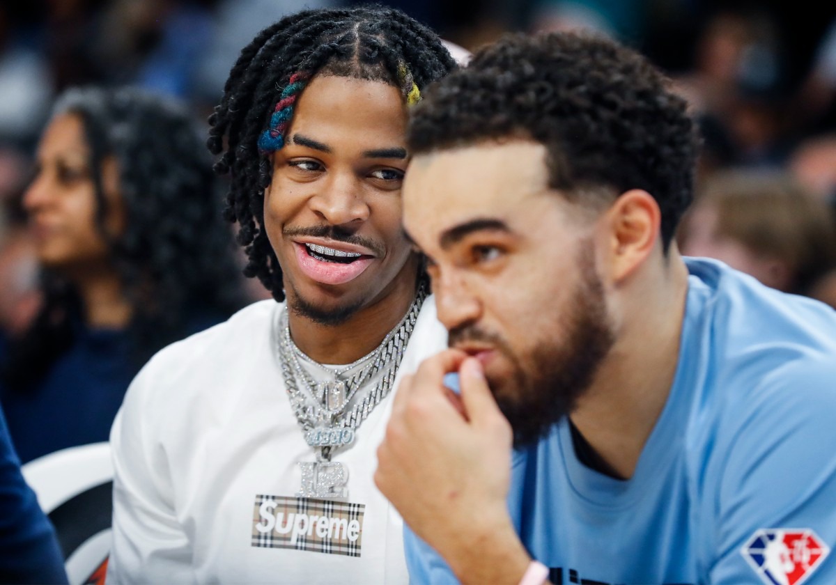 <strong>Memphis Grizzlies guard Ja Morant (left) jokes with teammate Tyus Jones (right)&nbsp;on March 28, 2022, at FedExForum.</strong> (Mark Weber/The Daily Memphian)