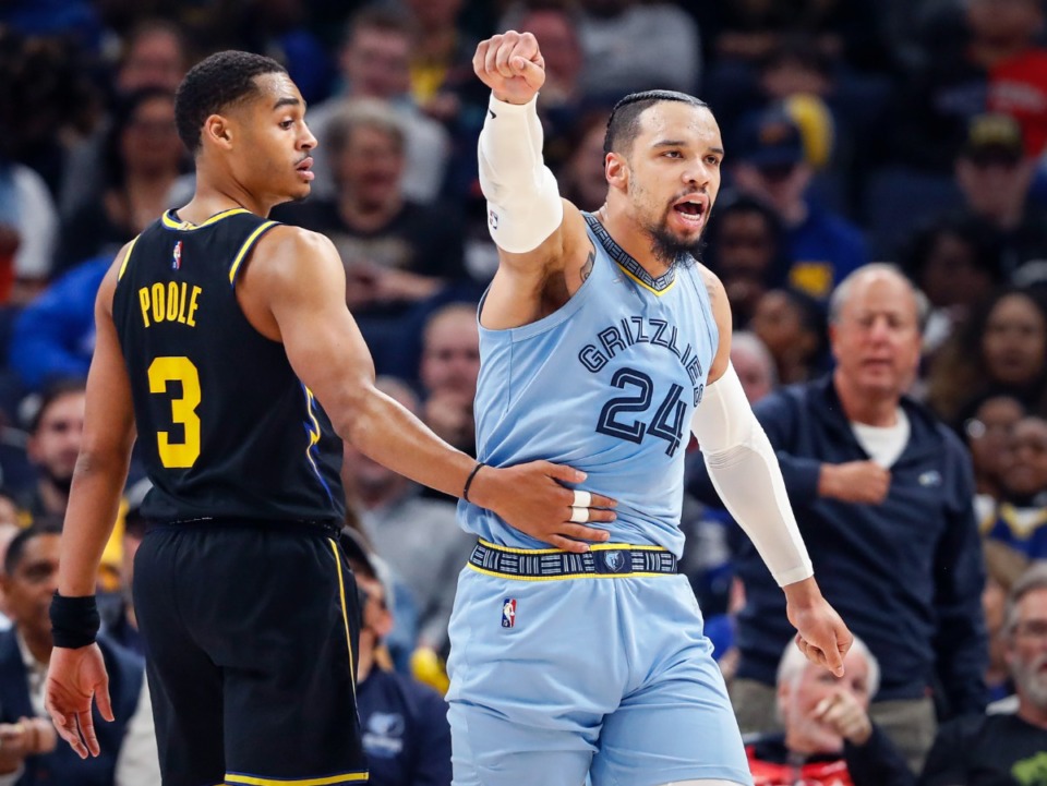 <strong>Memphis Grizzlies defender Dillon Brooks (right) reacts to being called for a foul in the game against the Golden State Warriors&nbsp;on March 28, 2022, at FedExForum.</strong> (Mark Weber/The Daily Memphian)