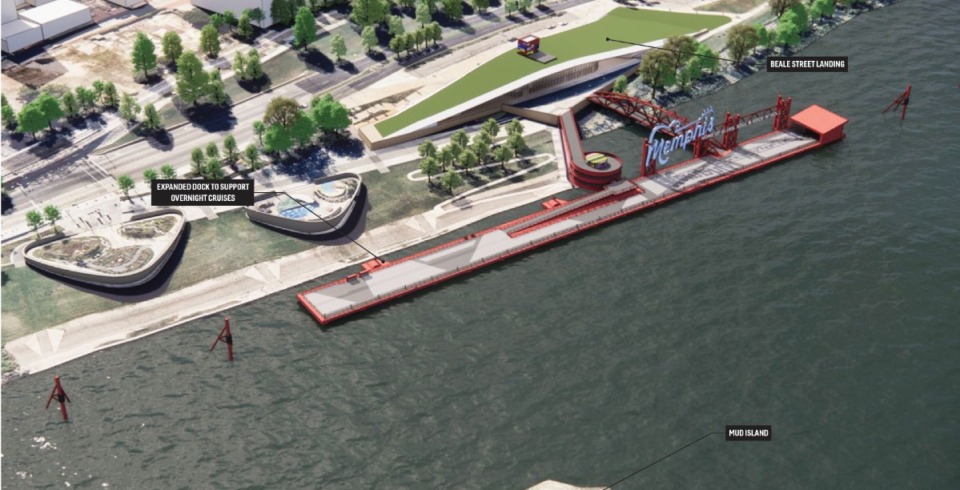 <strong>With the growth in cruiseline tourism, the expansion of the Beale Street Landing, seen in this rendering, would allow the dock to accommodate more than one boat.</strong> (Courtesy Waterfront District proposal)