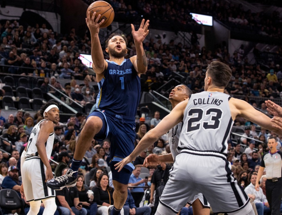 <strong>Memphis Grizzlies forward Kyle Anderson (1) drives to the basket against San Antonio Spurs forward Zach Collins (23)&nbsp;on March 30, 2022, in San Antonio.</strong> (Nick Wagner/AP)