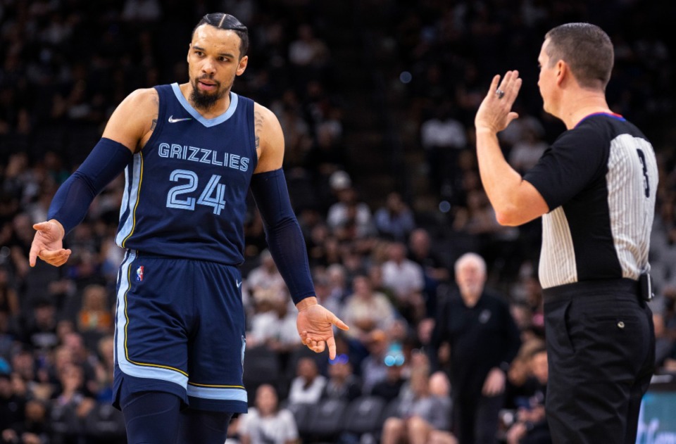 <strong>Memphis Grizzlies forward Dillon Brooks (24) argues a call with referee Nick Buchert during the game against the San Antonio Spurs on Wednesday, March 30, 2022, in San Antonio.</strong> (Nick Wagner/AP)