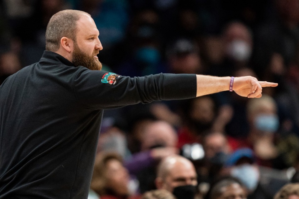 <strong>Memphis Grizzlies head coach Taylor Jenkins looks on during the second half of an NBA basketball game against the Charlotte Hornets in Charlotte, North Carolina, Saturday, Feb. 12, 2022.</strong> (AP Photo/Jacob Kupferman)