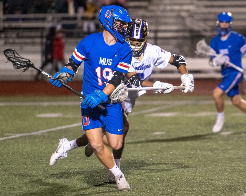 <strong>MUS midfielder Will Jenks runs upfield with CBHS&rsquo; LSM Harris Mahmood defending on March 31.</strong> (Greg Campbell/Special to The Daily Memphian)