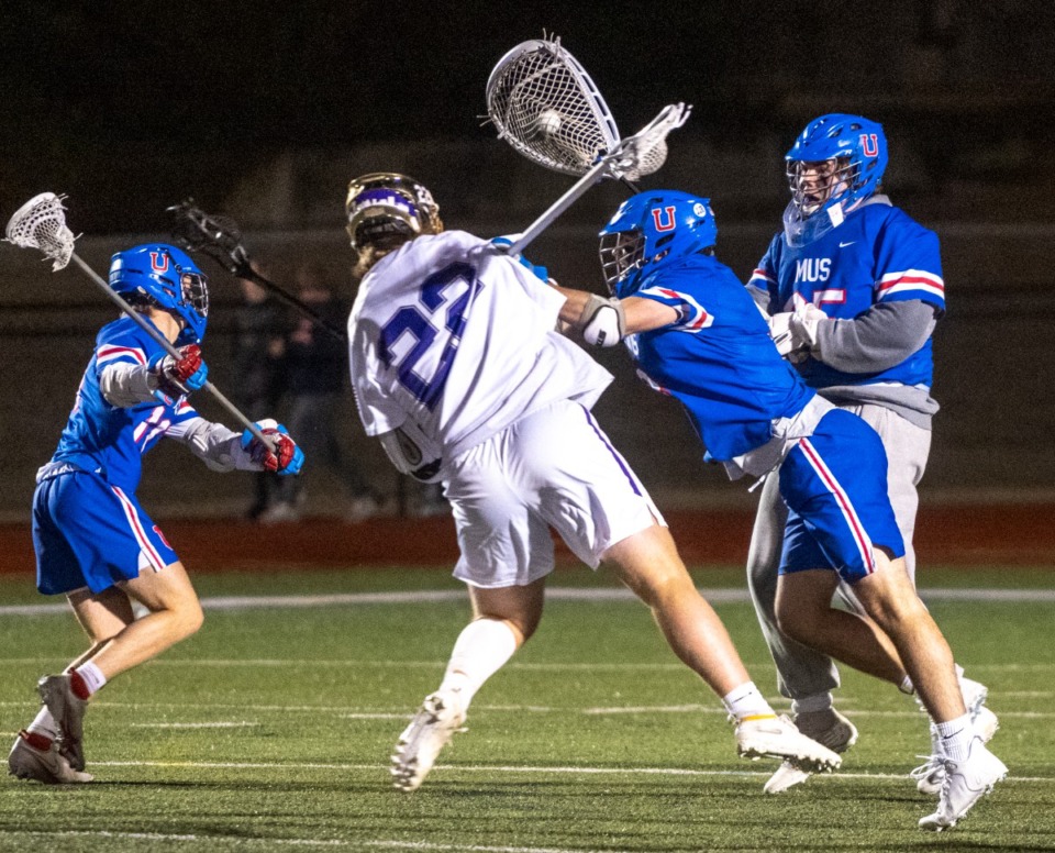 <strong>CBHS attacker William Simonton is blocked by a host of defenders in the game against MUS on March 31.</strong> (Greg Campbell/Special to The Daily Memphian)