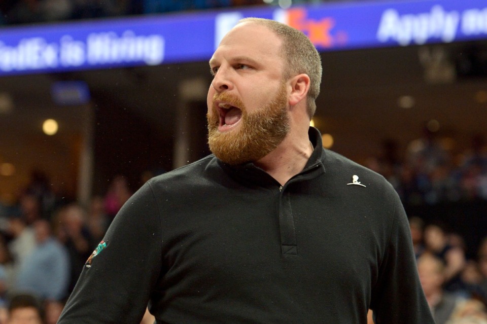 <strong>Memphis Grizzlies head coach Taylor Jenkins reacts after being ejected in the first half of the NBA basketball game against the Phoenix Suns</strong>&nbsp;<strong>on April 1, 2022, at FedExForum.</strong> (Brandon Dill/AP)