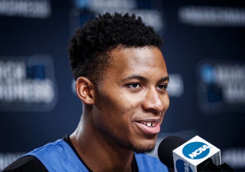 <strong>Tigers Landers Nolley II (speaking to the media on Friday, March 18, 2022 in Portland, Oregon) has entered the transfer portal.</strong> (Mark Weber/The Daily Memphian)