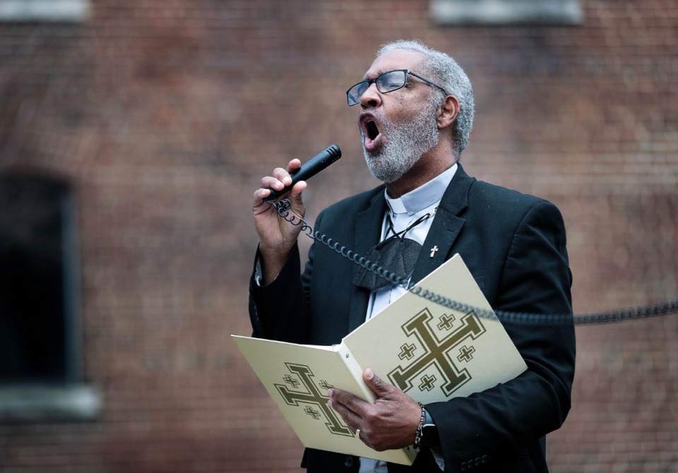 <strong>Deacon Justin Mitchell speaks Saturday at an Interfaith Prayer Service and Walk that concluded at the National Civil Rights Museum.</strong> (Patrick Lantrip/Daily Memphian)