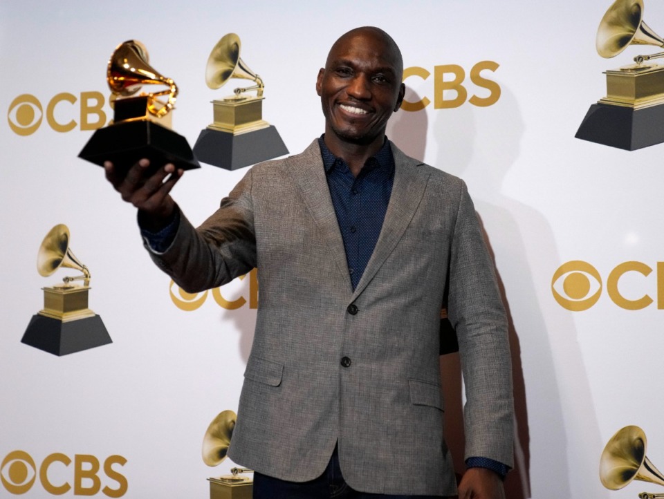 <strong>Cedric Burnside, winner of Best Traditional Blues Album for "I Be Trying" poses in the press room at the 64th Annual Grammy Awards at the MGM Grand Garden Arena on Sunday, April 3, 2022, in Las Vegas</strong>. (AP Photo/John Locher)
