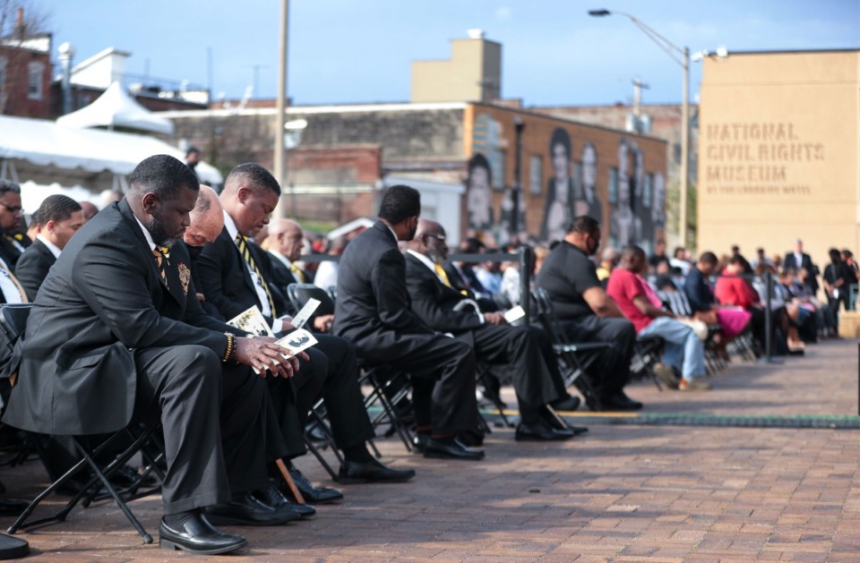 <strong>Members of the Alpha Phi Alpha Fraternity, which Dr. Martin Luther King Jr. belonged to, pay their respects at a remembrance ceremony at the National Civil Rights Museum on April 4. (</strong>Patrick Lantrip/Daily Memphian)