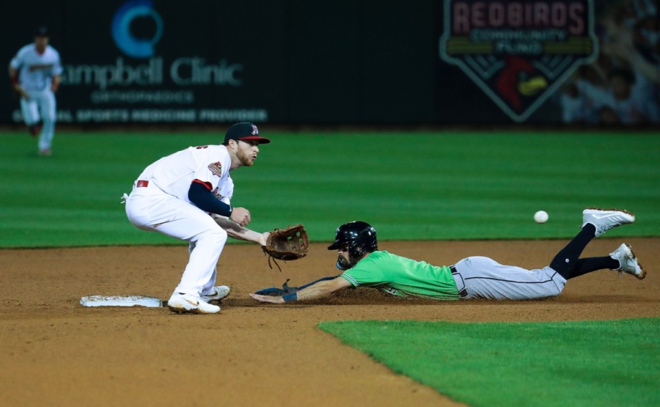 <strong>Memphis Redbirds second baseman Brendan Donovan (47) tags a runner out in the game against the Gwinnett Stripers on Aug. 5.</strong> (Patrick Lantrip/Daily Memphian)