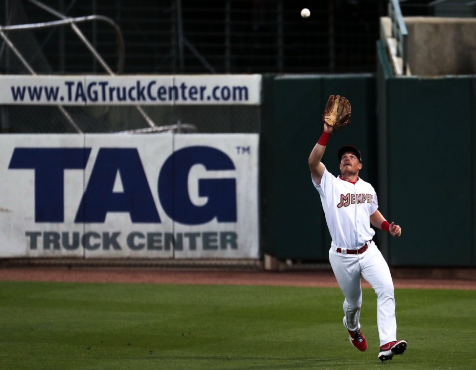 <strong>Memphis Redbirds right fielder Conner Capel (19) make a catch on April 5 in the game against the Gwinnett Stripers.</strong> (Patrick Lantrip/Daily Memphian)