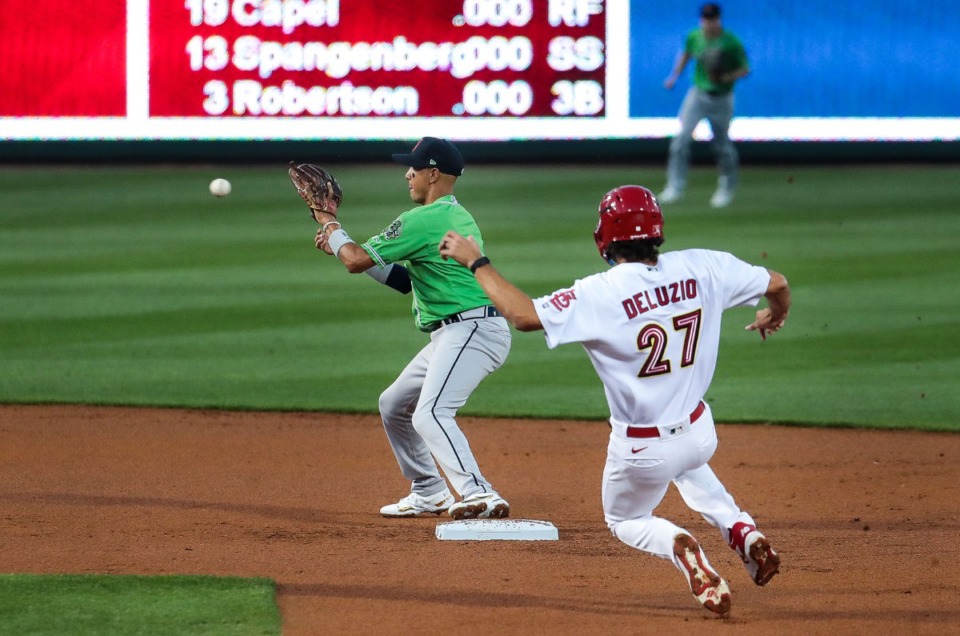 <strong>Memphis Redbirds center fielder Ben DeLuzio (27) tries to beat the throw to second in the game against the Gwinnett Stripers on April 5.</strong> (Patrick Lantrip/Daily Memphian)